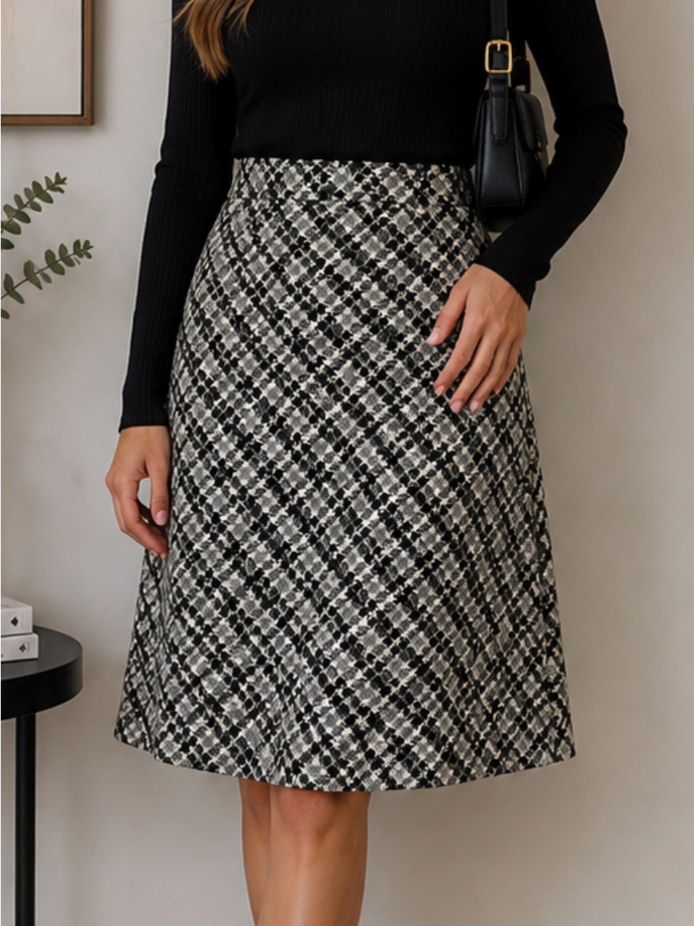 Ann Taylor Black and White Houndstooth A-Line Skirt